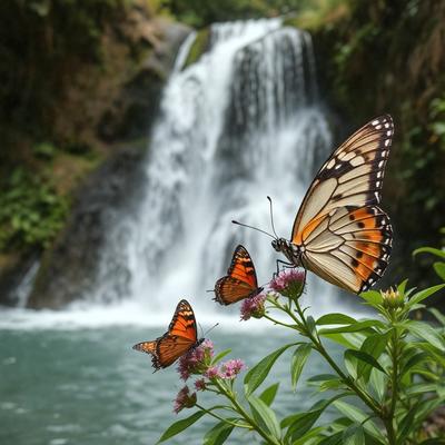 Primary subject: A butterfly and two butterfly caterpillars.

Setting/background: A waterfall in the background.

Visual style: A photo of the butterfly and caterpillars.

Colors and mood: The butterfly is orange and black, and the caterpillars are orange and brown. The overall atmosphere is serene and natural.